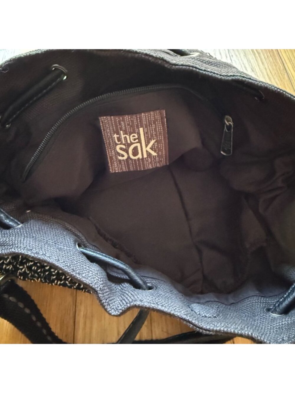 Crochet Boho The Sak 12"x10" Black & White Ukiah Crochet Drawstring Bucket Bag - Picture 9 of 15